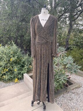 NWT XSCAPE shimmering metallic faux wrap maxi gown - Size 14